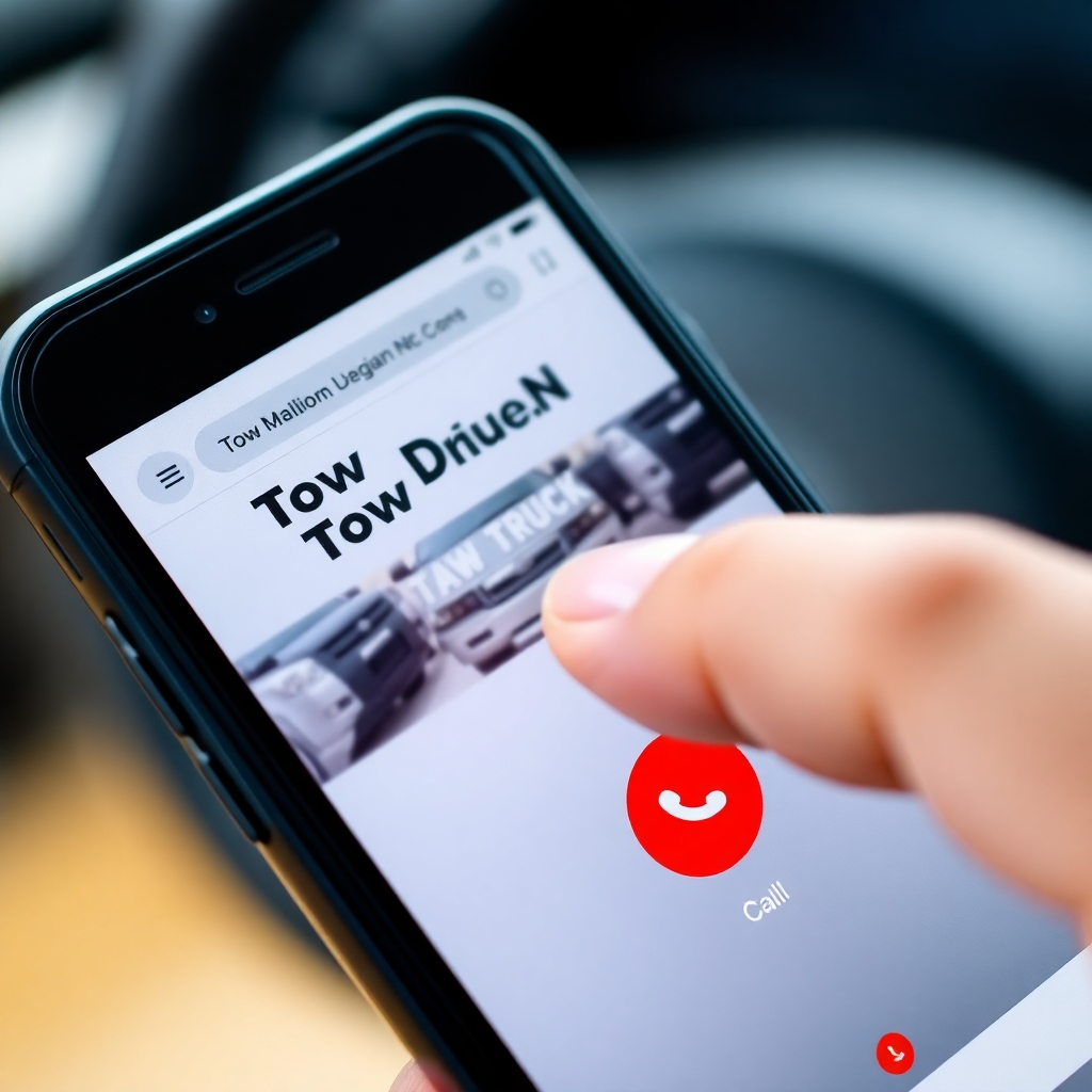 A close-up shot of a smartphone displaying the Tow Truck Durham NC website with a prominent call button. A finger is about to tap the button. The background should be blurred, suggesting a sense of urgency. The lighting should be bright and focused on the smartphone screen. The color palette should be inviting and reassuring. Style: modern and user-friendly. 4k resolution.
