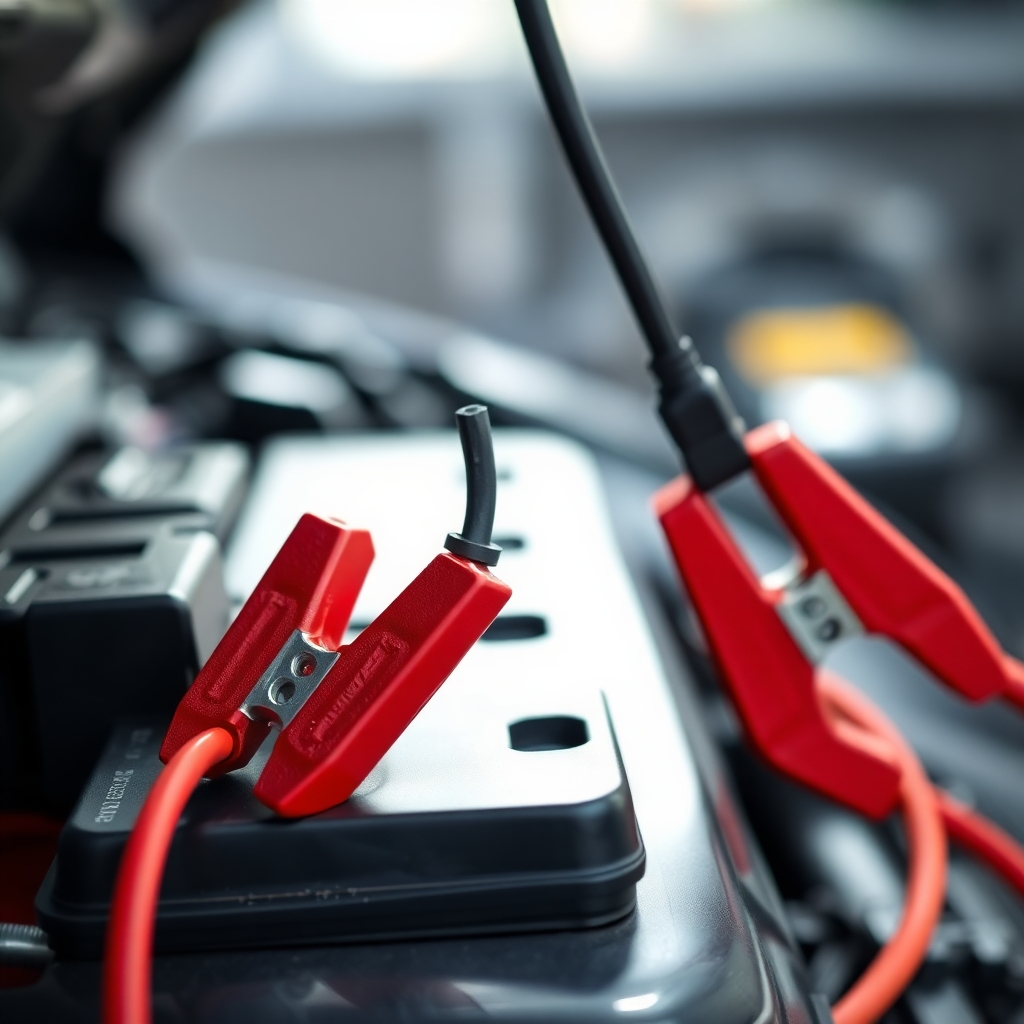 A close-up shot of jumper cables being connected to a car battery. Focus on the details of the cables and the battery terminals. The background should be blurred, suggesting a sense of urgency. The lighting should be bright and clear. 4k, photorealistic.