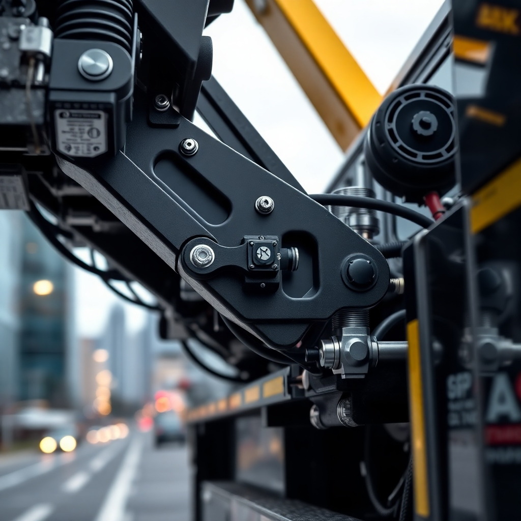 A close-up shot of the hydraulic lift system on a modern tow truck, highlighting its sophisticated design and functionality. The focus is on the intricate details of the machinery, with a shallow depth of field. The background should be a blurred cityscape of Durham, NC. The lighting is dramatic, emphasizing the power and precision of the equipment. The color palette is metallic and industrial, with pops of bright yellow for safety. 4k resolution, photorealistic.