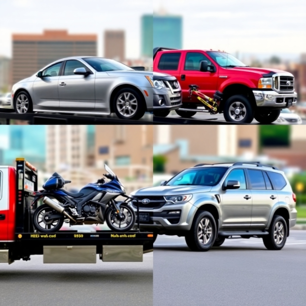 A collage of images showcasing a diverse range of vehicles being towed by Tow Truck Durham NC. Include a car, a truck, a motorcycle, and an SUV. Each vehicle should be safely secured to the tow truck. The background should be a blurred cityscape of Durham. The lighting should be bright and even, highlighting the diversity of vehicles that the company can tow. Style: a dynamic and eye-catching composition. 4k resolution.