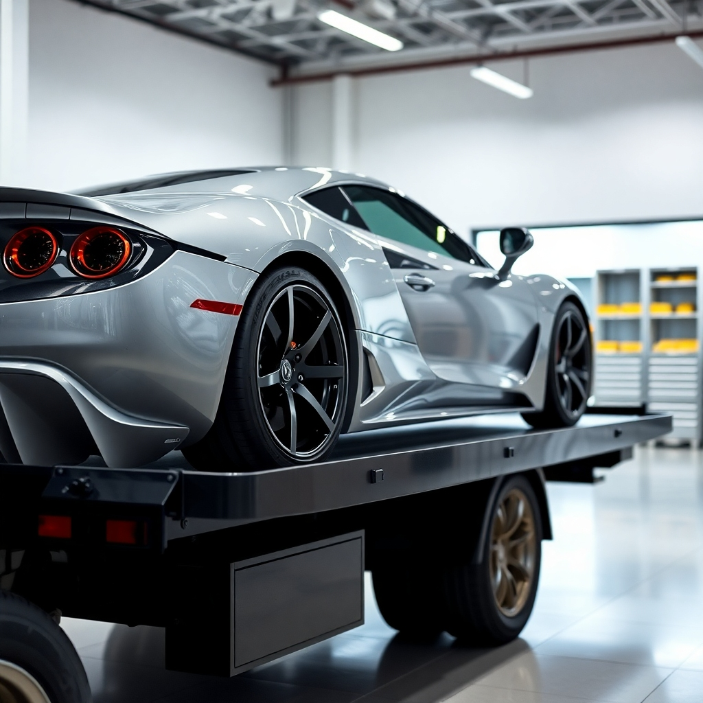A luxury sports car being carefully loaded onto a flatbed tow truck. The focus is on the precision and care taken during the loading process. The background should be a clean and organized environment. The lighting should be bright and even. 4k, photorealistic.