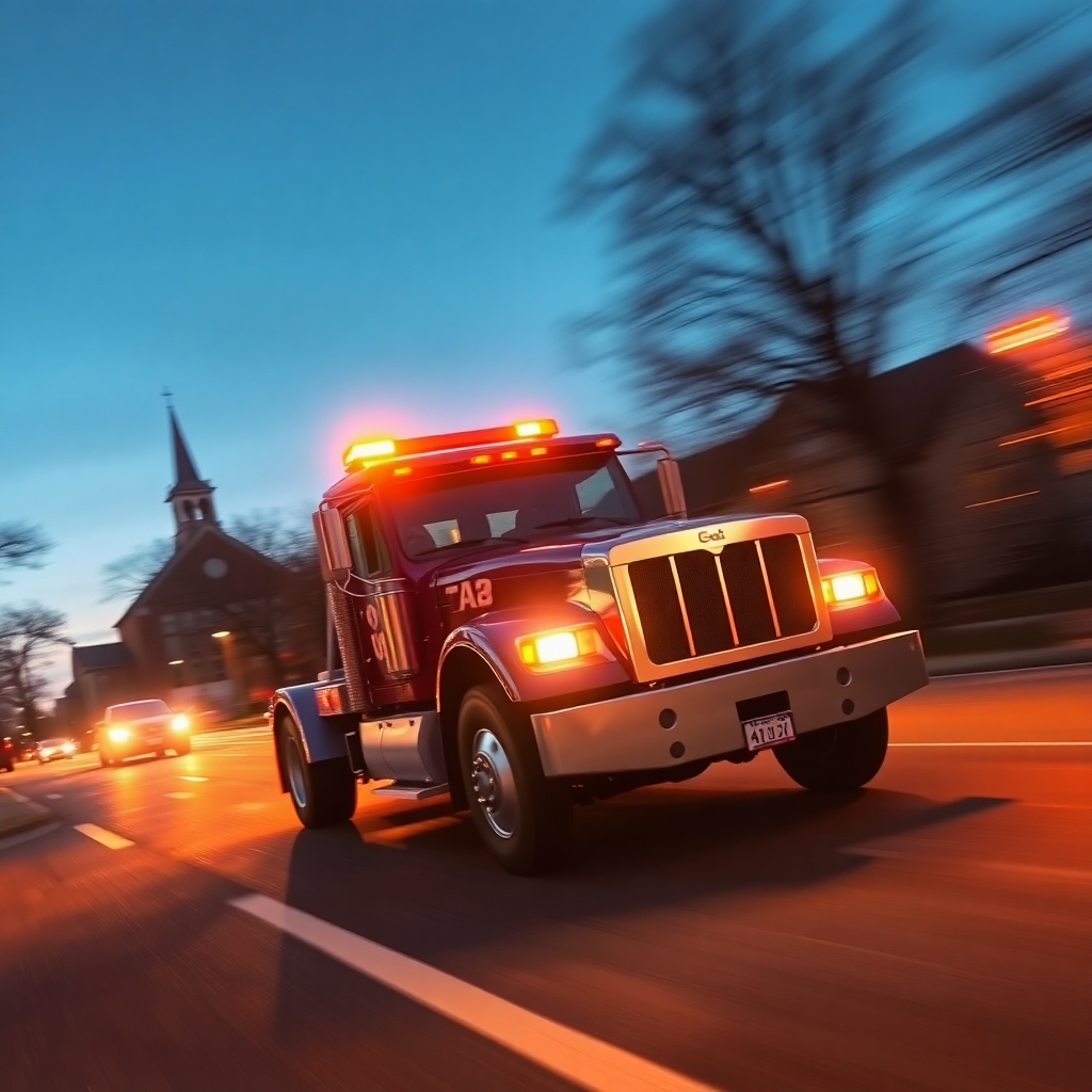 A photorealistic close-up shot of a tow truck speeding down a Durham street at dawn, responding to an emergency call. The focus is on the motion blur and the sense of urgency. The background should include recognizable Durham landmarks, like the Duke Chapel in the distance. The color palette is a mix of warm orange and cool blue, representing the transition from night to day. The image should convey speed and reliability. The tow truck should appear clean and well-maintained. 4k resolution, photorealistic.
