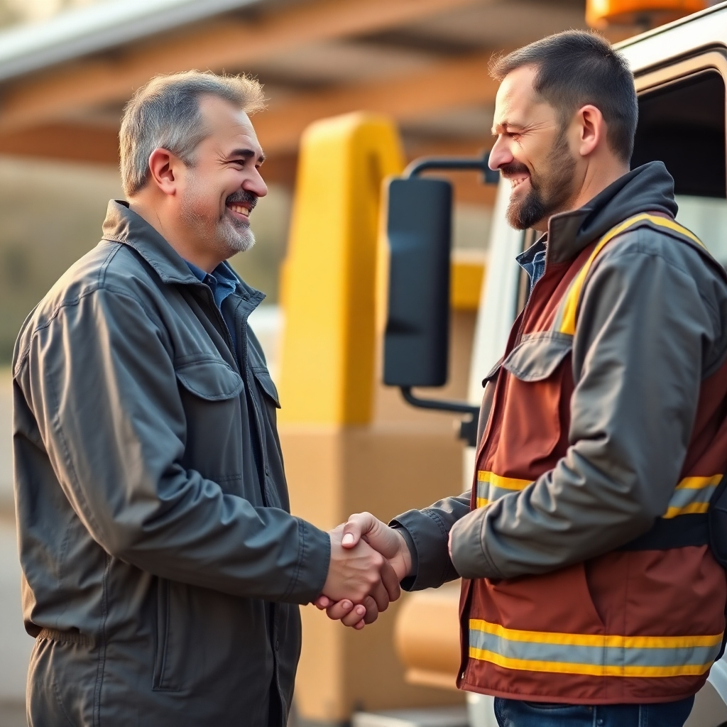 A photorealistic image of a happy customer shaking hands with a tow truck driver. The scene should take place in a safe location, with the towed vehicle visible in the background. Both the customer and the driver should be smiling. The lighting should be warm and inviting, conveying trust and satisfaction. Style: a friendly and approachable portrait. 4k resolution.