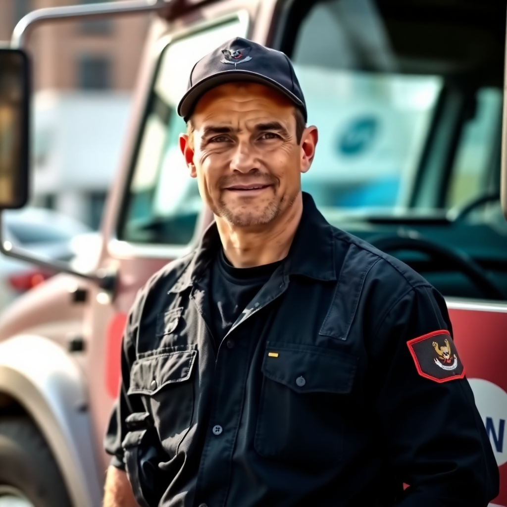 A portrait of a confident and experienced tow truck driver in Durham, NC. The driver should be wearing a clean uniform and standing next to a well-maintained tow truck. The background should be a blurred urban setting. The lighting is natural and flattering, highlighting the driver's trustworthy demeanor. Focus on the details of the driver's face, conveying professionalism and expertise. 4k resolution, photorealistic.