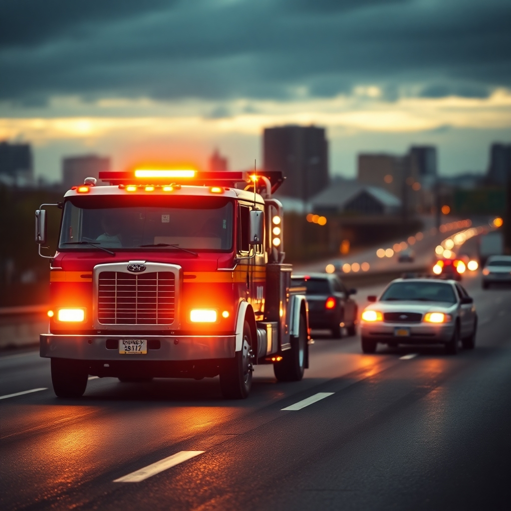 A tow truck arriving at the scene of an accident on a highway. Focus on the flashing lights and the urgency of the situation. The background should be a blurred cityscape of Durham. The lighting should be dramatic and dynamic. 4k, photorealistic.